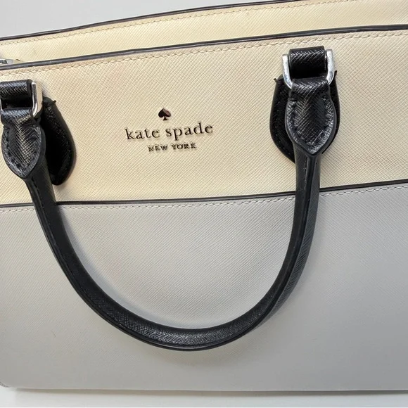 Kate Spade Madison Colorblock Saffiano Medium Satchel Bag Cream/Plat. Gray/Black - Picture 3 of 17